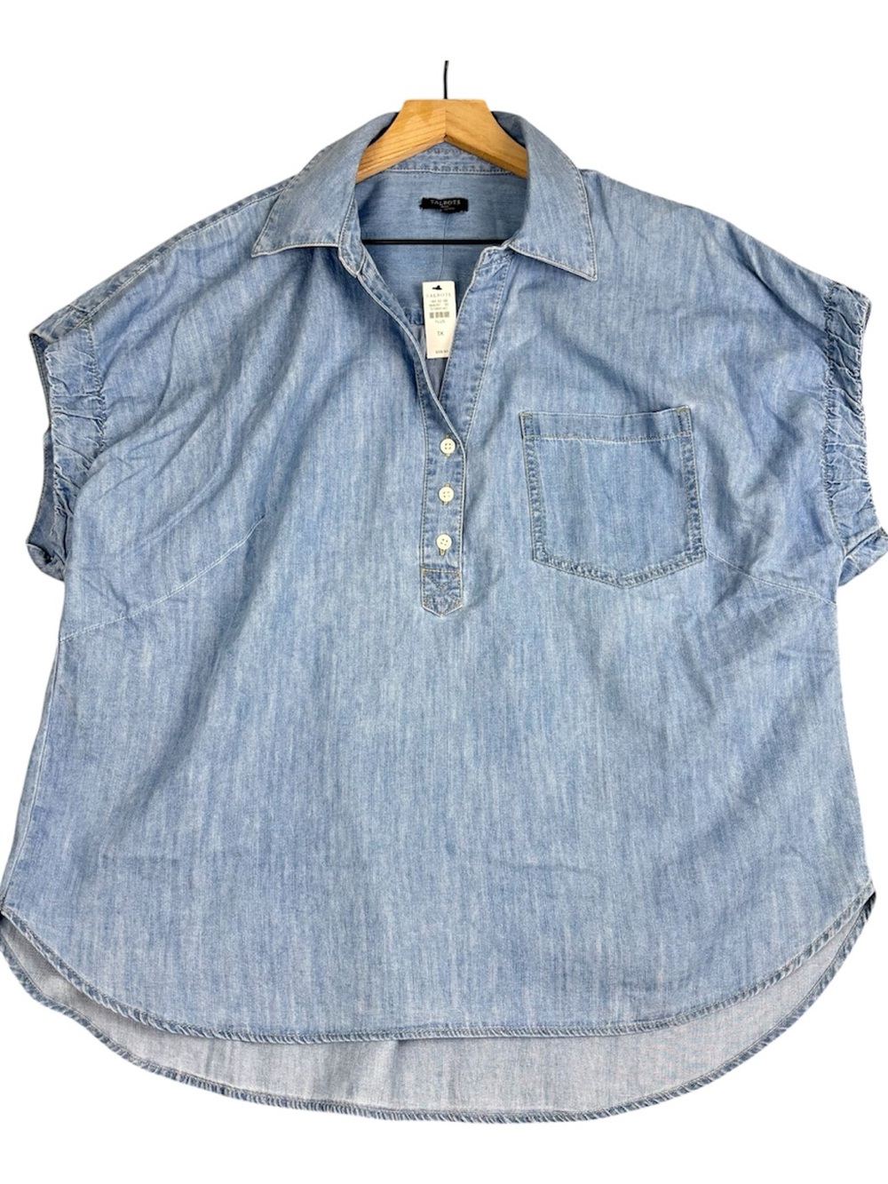 Talbots Chambray Denim Popover Shirt Women 1X Blue Cap Sleeve Button Pocket